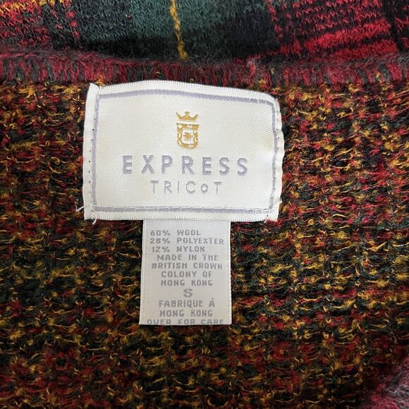 Express Tricot Sweater Womens Small Red Green Plaid Wool Blend Cabincore Vintage - Picture 7 of 8